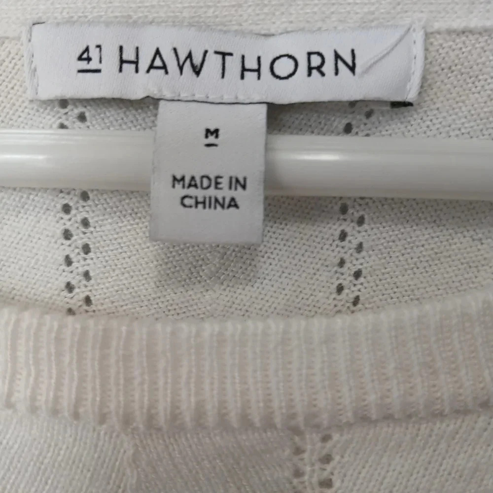 Hawthorne ladies 3/4 length sleeve striped eyelet sweater size M tan gray cream - Picture 3 of 7